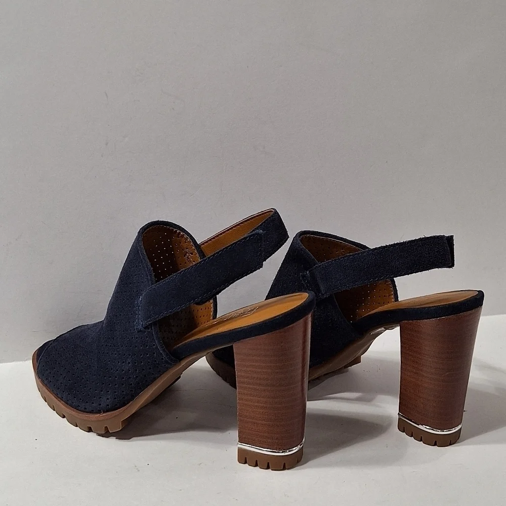 Franco Sarto Navy Blue Suede Austin Boho Slingback Platform Heel Sandals Sz 6.5